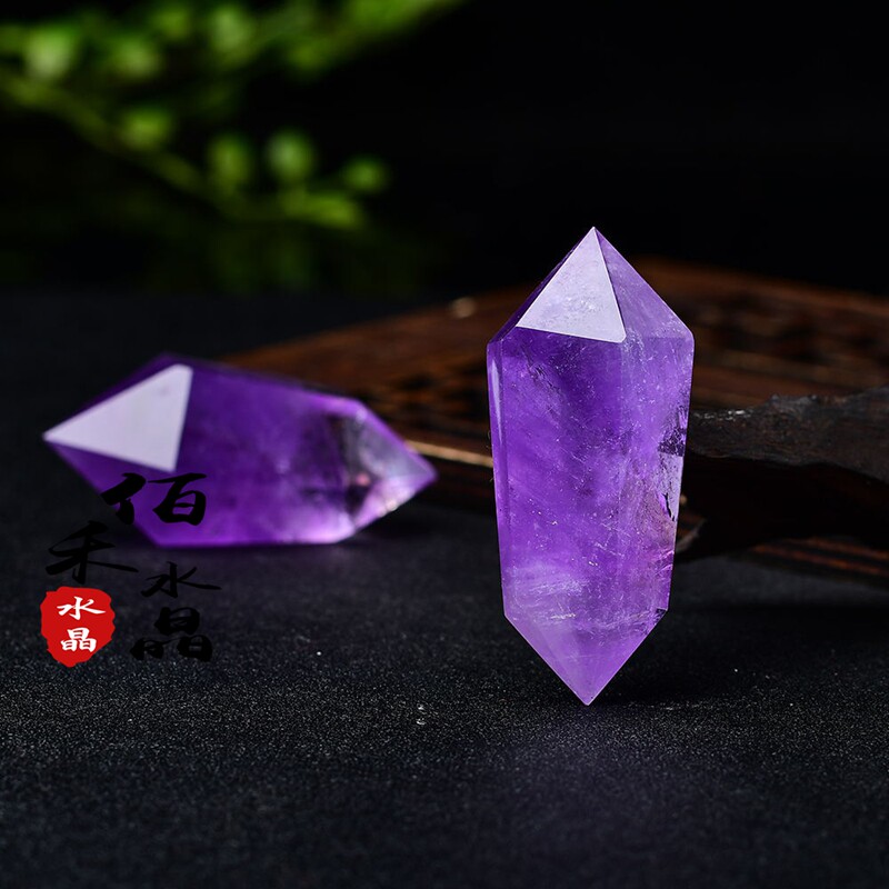 Natural Brazilian amethyst double-pointed hexagonal column ornaments original stone energy stone double-pointed crystal column DIY pendant accessories