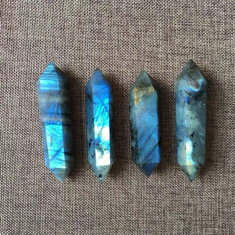 Natural moonstone labradorite double-pointed hexagonal feng shui decoration energy stone raw ore raw stone cutting and polishing