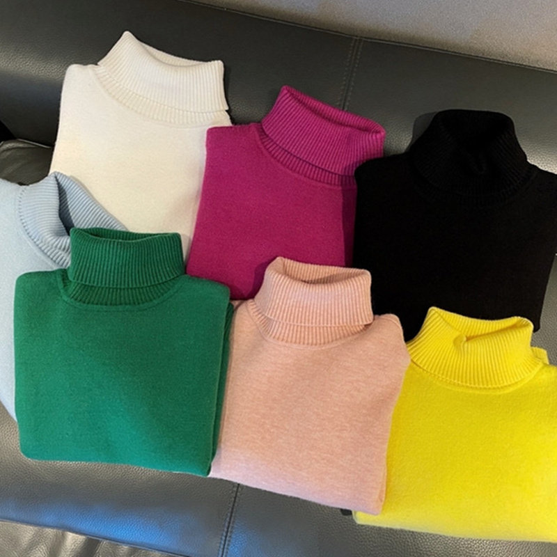 Korean Boy Clothing Girl Glint High Collar Sweater 2021 Winter Children's Integrated Suede Knitwear CUHK Kid Jersey Undershirt