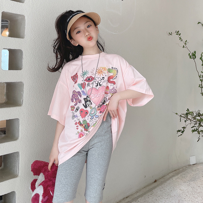 Korean Boy Clothing Girl Graffiti Printed Short Sleeve T-shirt 2022 Summer Dress CUHK Child Parent-child Pure Cotton Blouse T-shirt