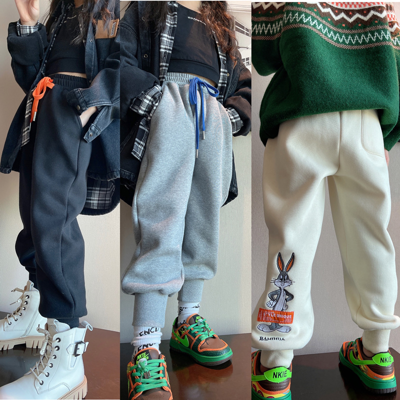 Children plus suede pants 2021 Winter male and female Han version Embroidery stars the same style Warm Sports Pants Casual Pants