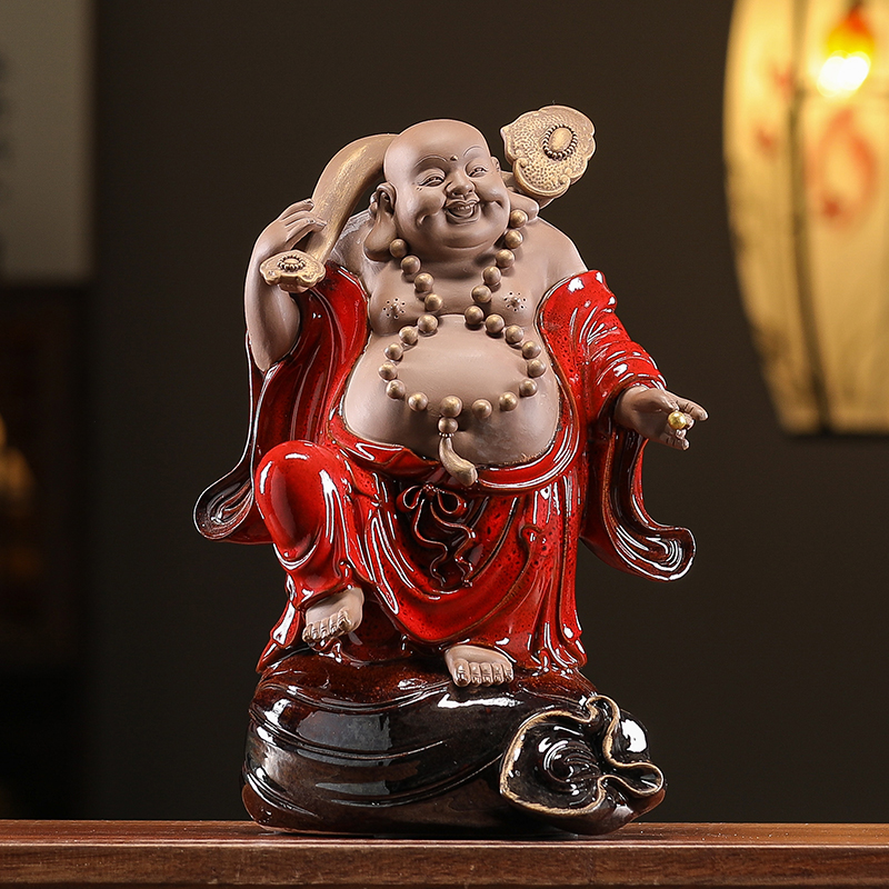 陶器の如意弥勒仏像装飾品、富、大きな腹、笑う仏、禅、自宅のリビングルーム、ポーチ、オフィスの装飾