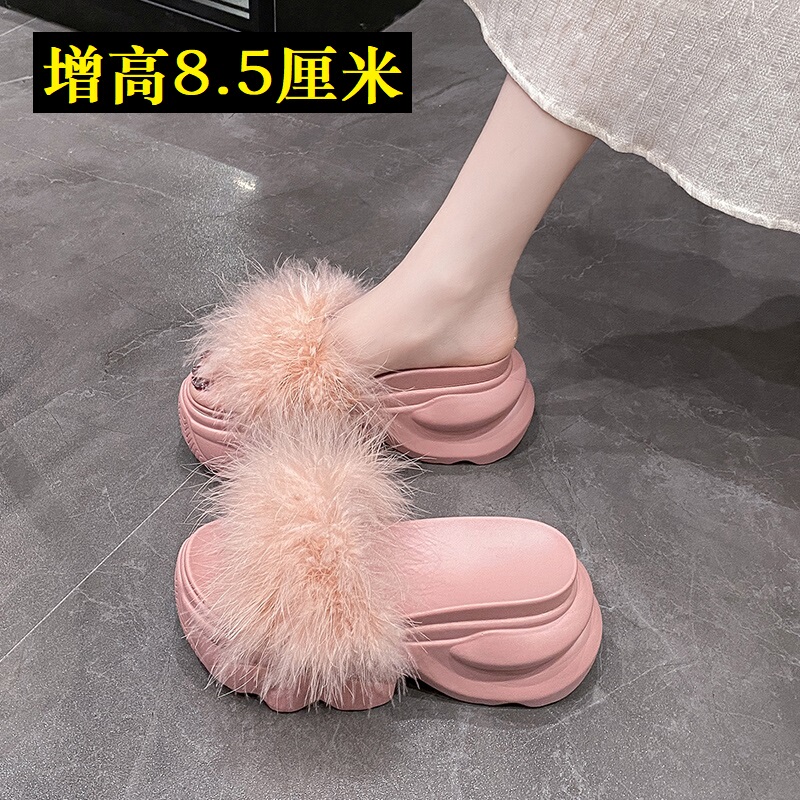 Women's Height-Increasing 8.5cm Thick-Soled Furry Slippers for Outdoor Wear, 2026 Summer New Lightweight Platform Sandals