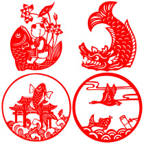 Goldfish and carp paper-cut student homework window grille pattern semi-finished red rice paper Chinese style artwork paper-cut finished product