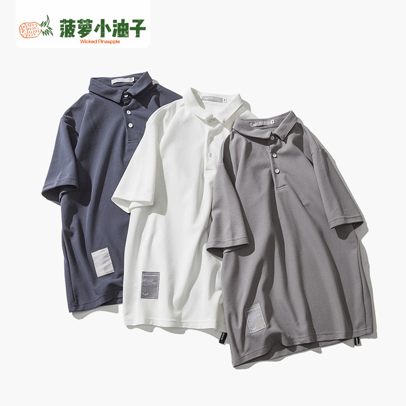 日系复古纯色短袖polo衫男 美式街头原创小清新基础款polo衫T恤男
