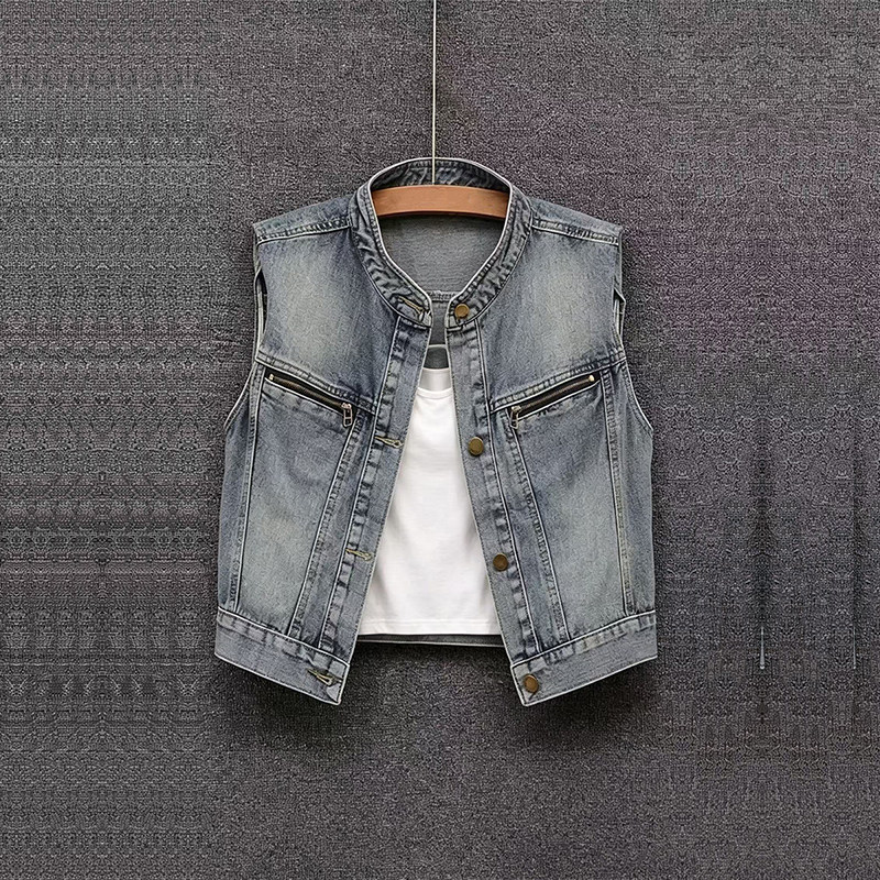 Motorcycle-Style Stand-Up Collar Zip-Up Denim Vest for Women, Summer Vintage Short Workwear Sleeveless Vest Jacket