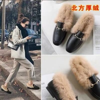 Plush shoes women's winter wear 2021 new all-match autumn and winter plus fluffy peas shoes rabbit hair single shoes women's shoes trend