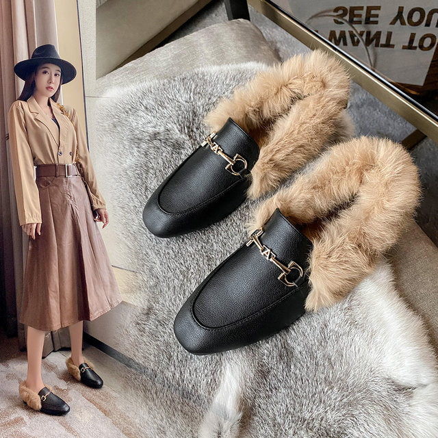 Plush shoes women's winter wear 2021 new all-match autumn and winter plus fluffy peas shoes rabbit hair single shoes women's shoes trend