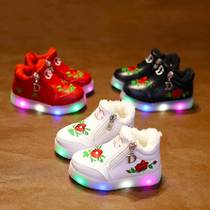 1-2-3 girls plus velvet glowing short boots Autumn and winter Princess non-slip Martin boots 6-year-old male and female baby light shoes tide