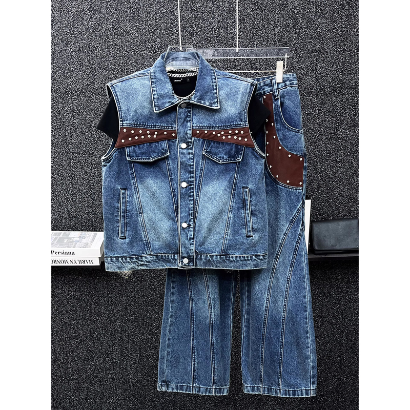 Washed Sleeveless Denim Vest and Jeans Set for Men, Cool and Stylish Patchwork Leather Loose Jacket and Wide-Leg Pants Set