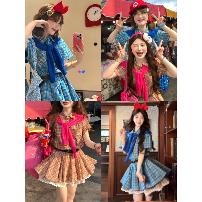[New Arrival on the Same Day 5% off] “Neon Holiday” Pony Embroidery Faux Two-Piece Shirt Dress + Shawl with Belt Included