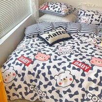 Cute Bear Pure Cotton Bed Three-Four Pieces Sets 100 Full Cotton Cartoon Children Teenage Girl Blue Linen Bed Room Fresh