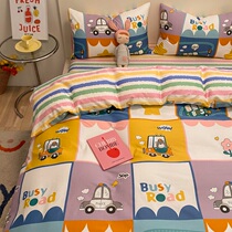 Cartoon cute all-cotton bed Three-four pieces of childrens car 100 pure cotton linen quilt cover by single dormitory students