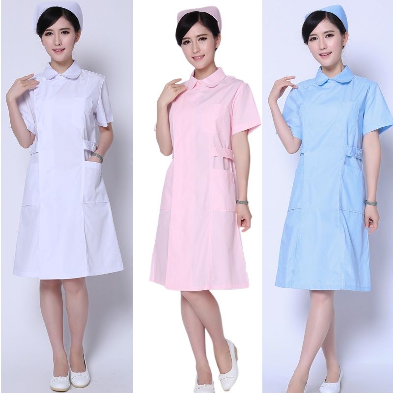 护士服半袖女夏季薄款短袖粉色白大褂娃娃领圆领大尺码药店工作制服
