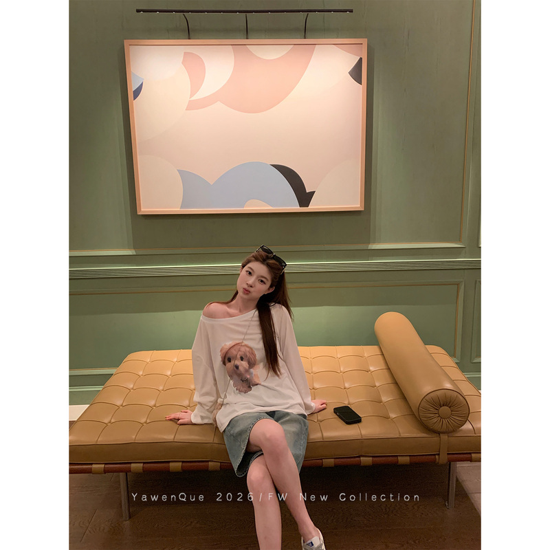 Yawen Lyocell Tencel Sun Protection Blouse with a Puppy Print, Summer Casual Loose Fit Printed Off-Shoulder T-Shirt for Women