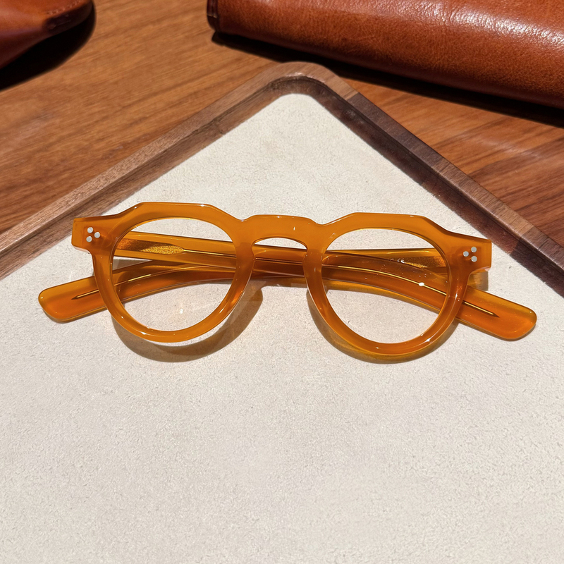 Retro Orange Thick Acetate Eyeglass Frames, Personalized Japanese-Style Handmade Black Frames for Men and Women, Trendy Hong Kong Style Prescription or Non-Prescription Glasses