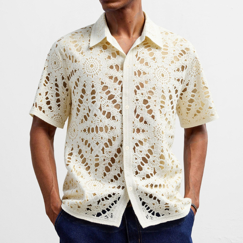 2026 Summer Men's Lace Crochet Shirt Mesh Hollow Sexy See-Through Short Sleeve Shirt Trendy Men's Shirts