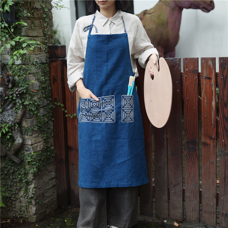 Unfinished persimmon dyed blue dyed ancient French blue printing men's and women's blue-dyed cotton multi-functional apron indigo plant dyeing