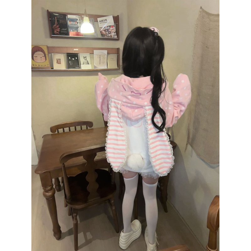 Japanese-Style Sweet and Cute Rabbit Big-Eared Hooded Cardigan Sweatshirt for Women, Spring and Autumn Niche Girly Cute Jacket