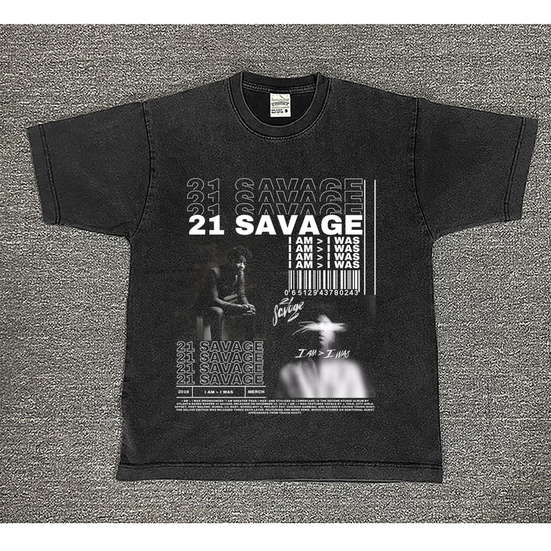 American Retro Hip-Hop 21 Savage Printed Short-Sleeve Washed Vintage Heavy Small Neckline Loose Round Neck T-Shirt Trendy