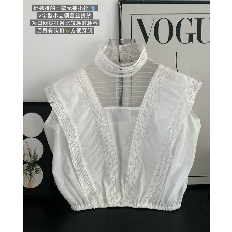 Ear Classical Notes 90S Heavy Craft Linen Cotton French Hollow Lace Patchwork Vintage Short Shirt