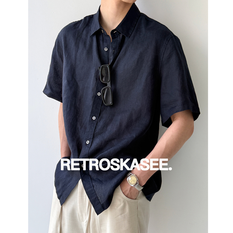 【100% Linen】Old Money Style Summer Cool Breathable Short-Sleeve Shirt for Men, Loose Solid Color Commuting Casual Shirt