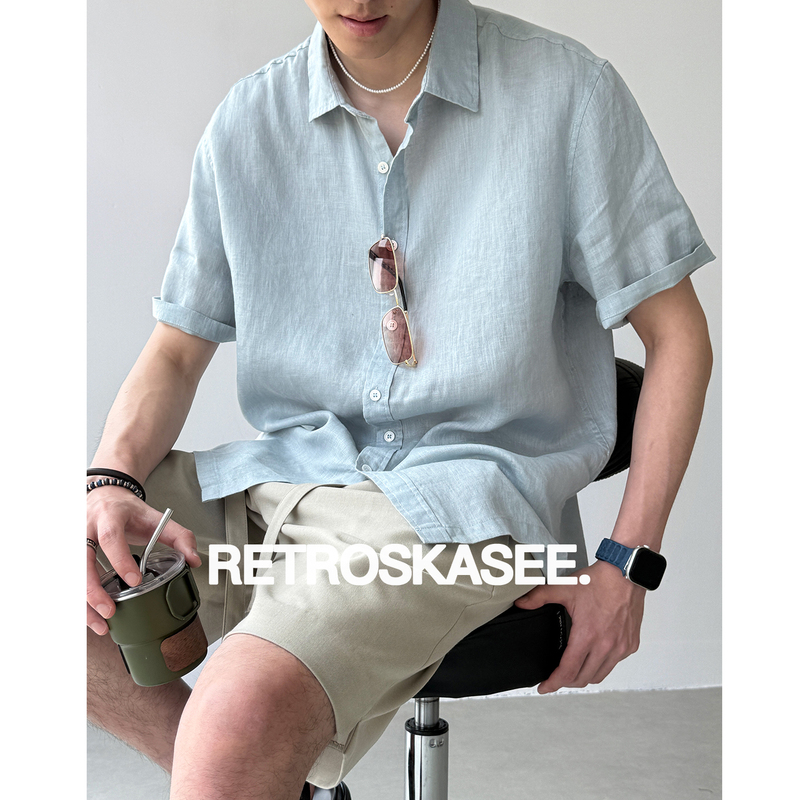 [100% Linen] Italian-Style Old Money Breathable Short-Sleeve Shirt for Men, Loose Fit, Cool, Solid Color, Thin Commuter Shirt