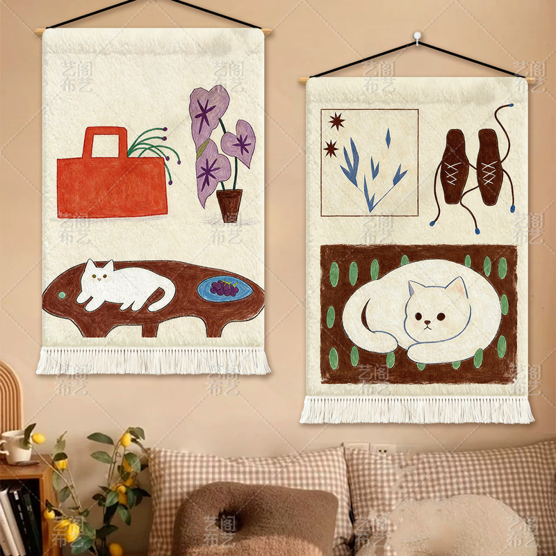 [Cat Living Room] Original Cute Small Hanging Painting Decorative Blanket Vintage ins Living Room Bedroom Hotel Sofa Tapestry