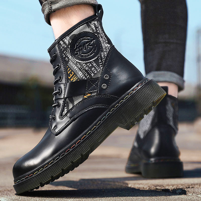 Six holes Martin boots male high cylinder Inron's new spring trend 100 Locomotive Shoes Black Punk Functional Wind Leather Boots