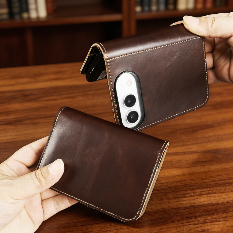 Calfskin Leather Contrast Stitching Minimalist Flip Foldable Genuine leather iPhone Case