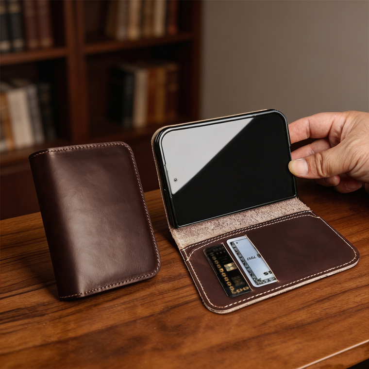 Calfskin Leather Contrast Stitching Minimalist Flip Foldable Genuine leather iPhone Case