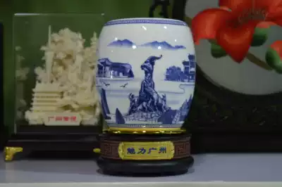 Ceramic five sheep pen holder Canton Tower souvenir eight views of Yangcheng ornaments Blue and white bone china rotating pen holder