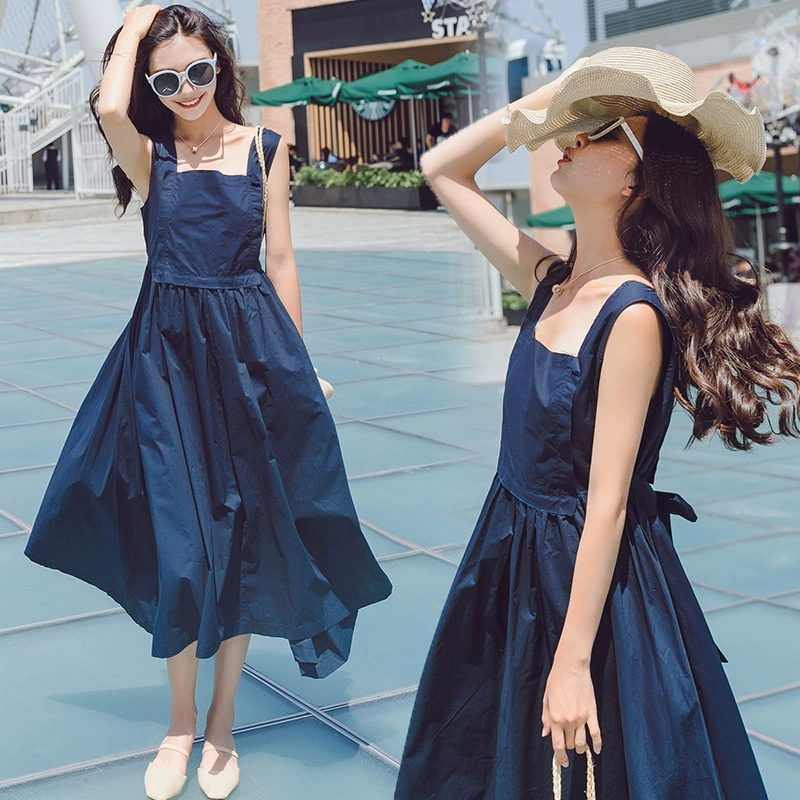 2019 mùa hè mới của Nhật Bản retro dải rộng cạp cao váy quá khổ qua gối dây đeo váy không tay búp bê váy cotton - Váy eo cao