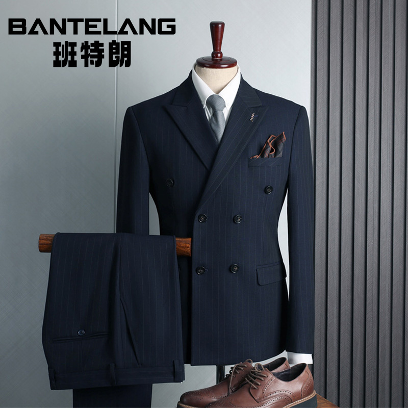 Bantelang High-End Suit Set for Men, Double-Breasted Business Casual Suit with a Sense of Sophistication, Groom's Wedding Attire