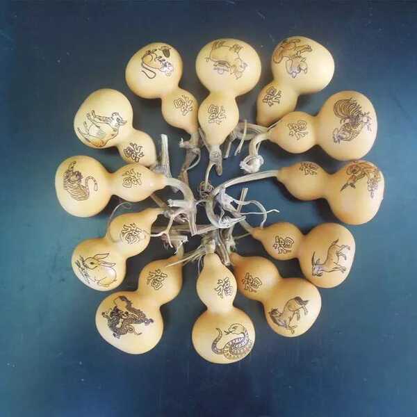 Natural Real Gourd Carving with Pyrography, Dragon Head with Vine, Twelve Zodiac Signs, Auspicious Patterns, Special Craft Ornaments