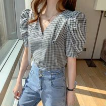  V-neck retro plaid shirt spring and summer 2021 new Korean version of the big halter bow slim chiffon top women
