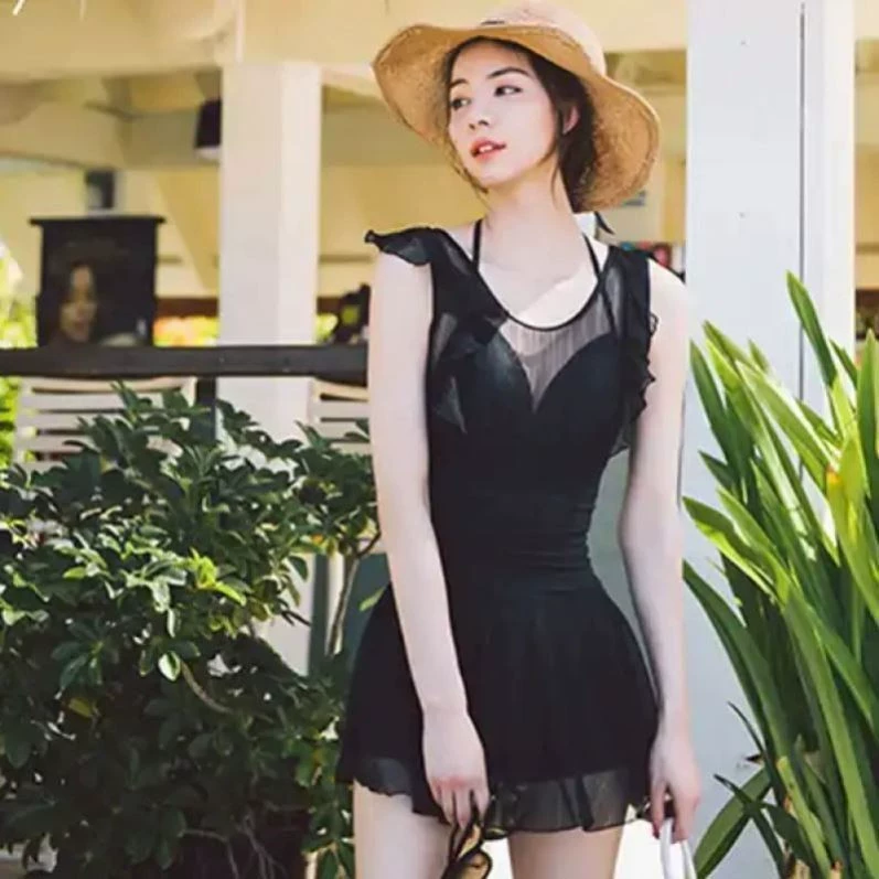 Áo tắm nữ thần tiên người hâm mộ mới một mảnh váy nữ thần Hàn Quốc dải thép hỗ trợ áo tắm ren đen - Bộ đồ bơi One Piece