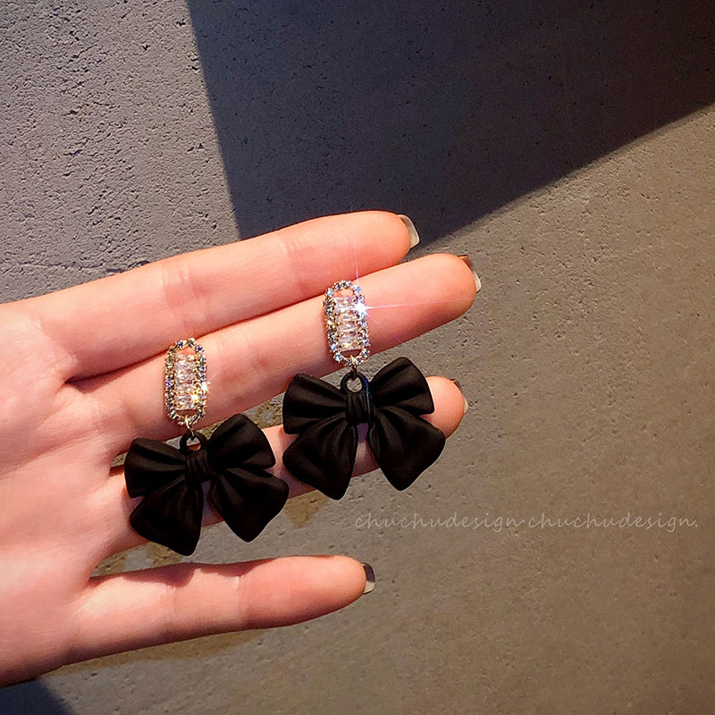 Korean black bow earrings niche design sense stud earrings advanced temperament 2020 New Tide 2021 sterling silver