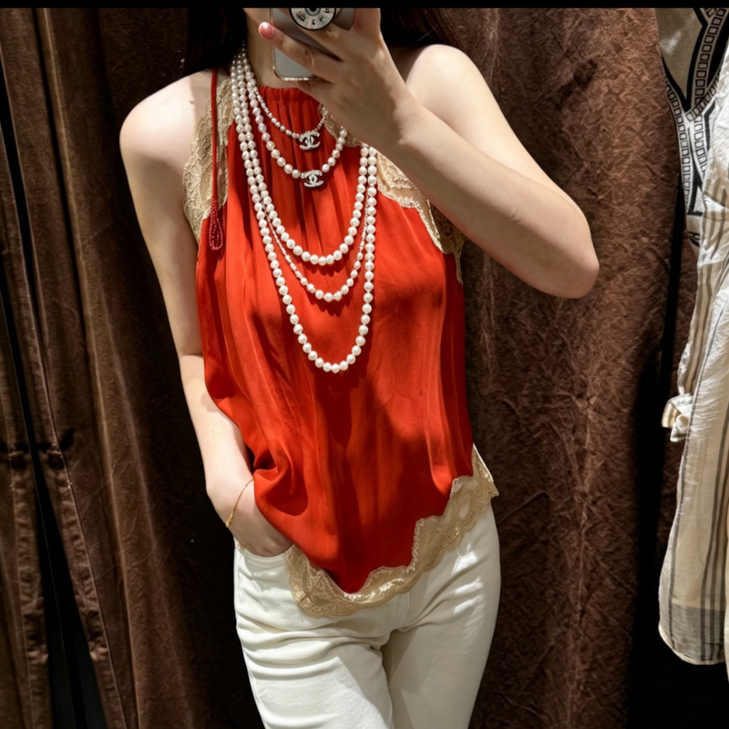 2026 New Zw Series Sexy Lace Patchwork Camisole with Asymmetrical Design Outerwear Top 5107089