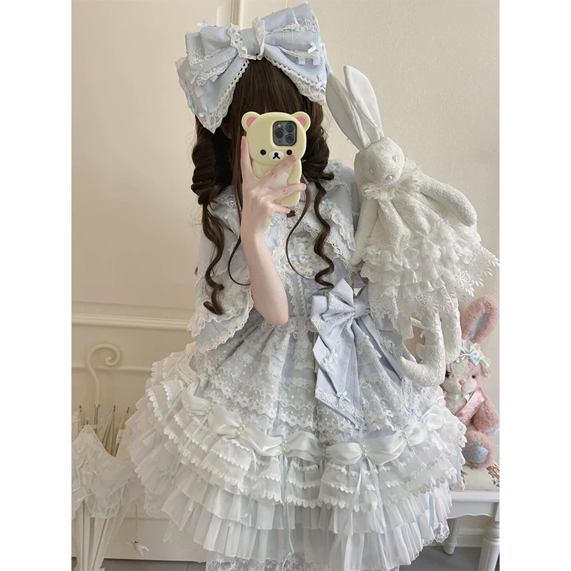 Платье‑долл Lolita JSK, голубое, эффект подъёма с брошью‑бантом и кейпом