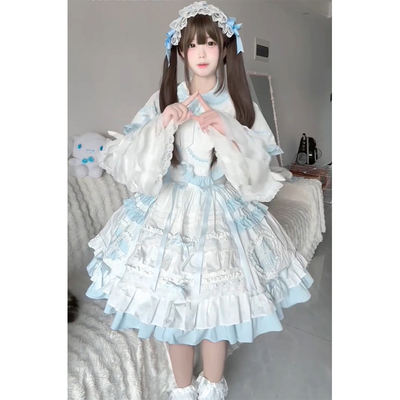 Blue and white cute doll-like heart-shaped cape, lolita dress, girl sleeve shirt, cute set, Lolita performance outfit