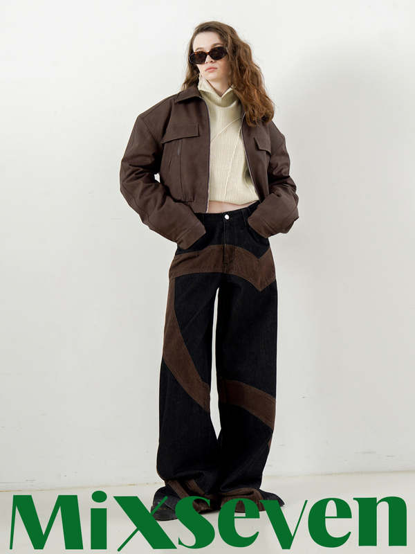 Mixseven Original Design Retro Deconstructed Jeans with Contrasting Color Curved Lines and Unique Wide-Leg Pants