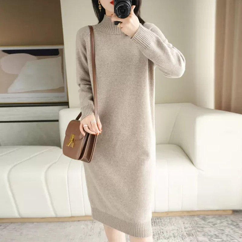 Autumn-winter semi-high collar Knee Knit Foreign Dress Superior loose fit for the inner hitch bottom sweater women's dress
