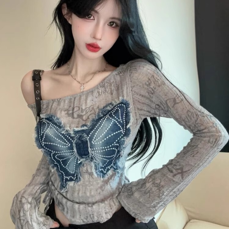 Sweet and Spicy Girl Denim Butterfly Print Long-Sleeve T-Shirt for Women 2025 Early Autumn Slim-Fit Short Vintage Versatile Casual Top