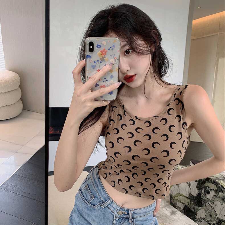 2021 Summer New Elastic Slim-Fit Versatile Sleeveless Moon Print Slimming Outerwear Short Crop Top Camisole 2021 Summer New Elastic Slim-Fit Versatile Sleeveless Moon Print Slimming Outerwear Short Crop Top Camisole