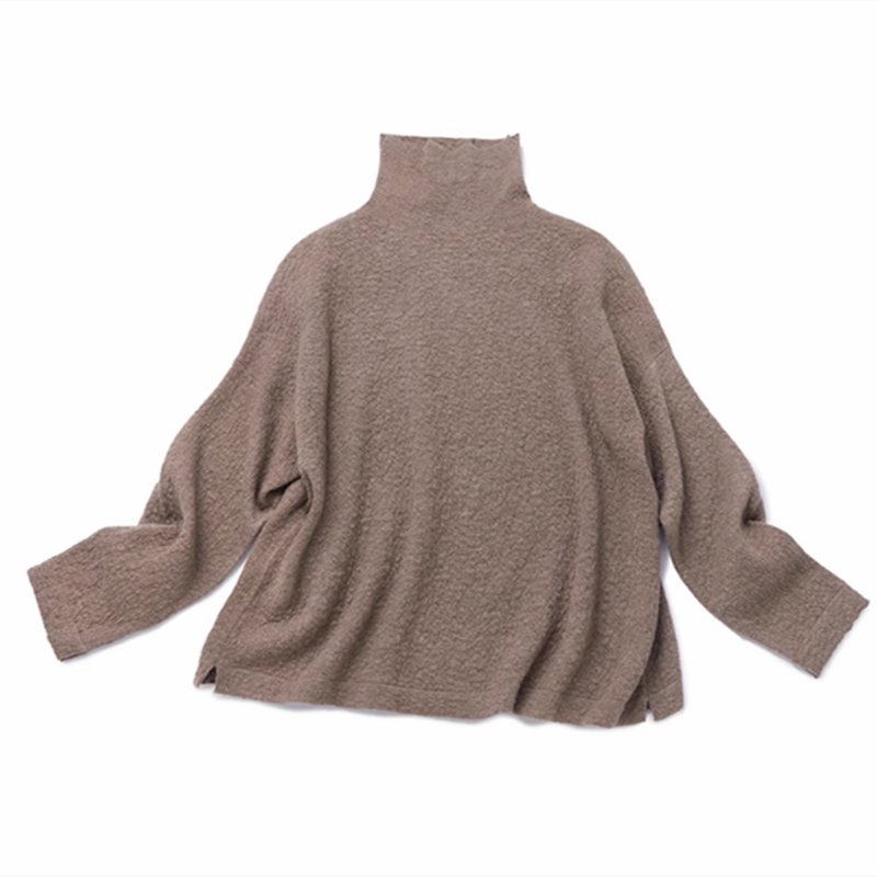 Corrugated Air Layer Fine-Spun 100-Count Cashmere One-Piece Mid-High Collar Pullover Top, Loose Fit