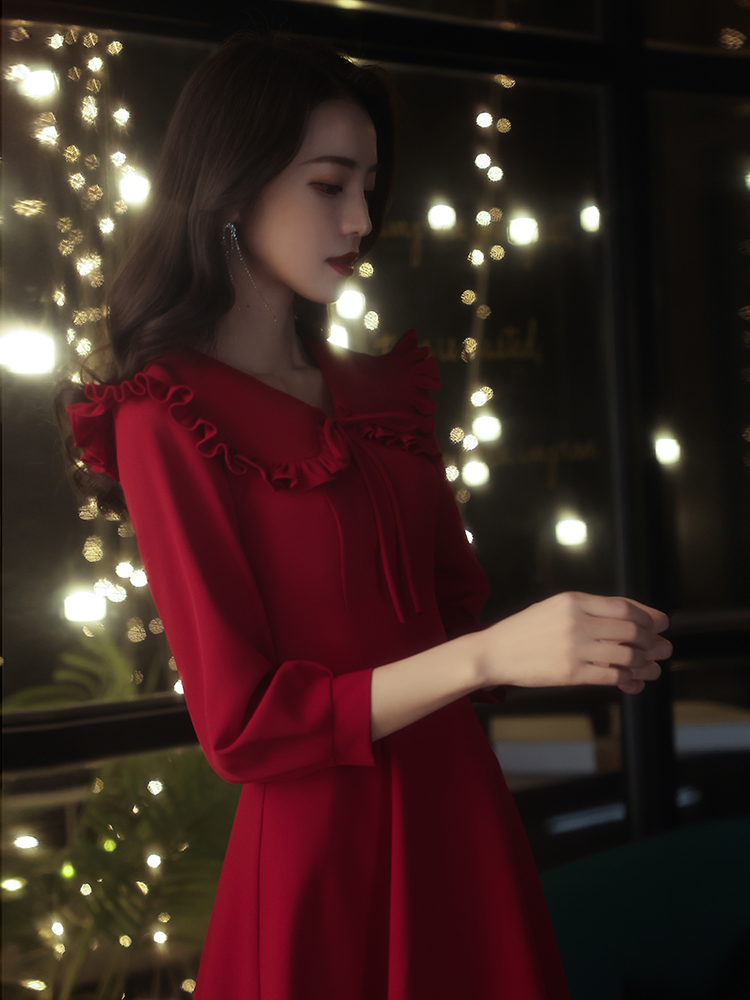 Toast dress The bride's little man can usually wear long-sleeved daily burgundy engagement dress Back door dress skirt woman