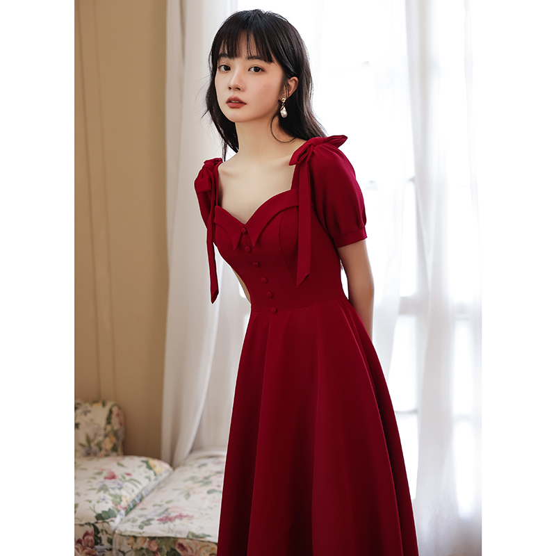 Toast to the bride Summer can normally be worn with a small taller engaged foreign dress Wine Red dress Dress Woman slim back door