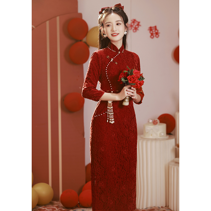 Cheongsam, red spring evening dress, skirt, long sleeve