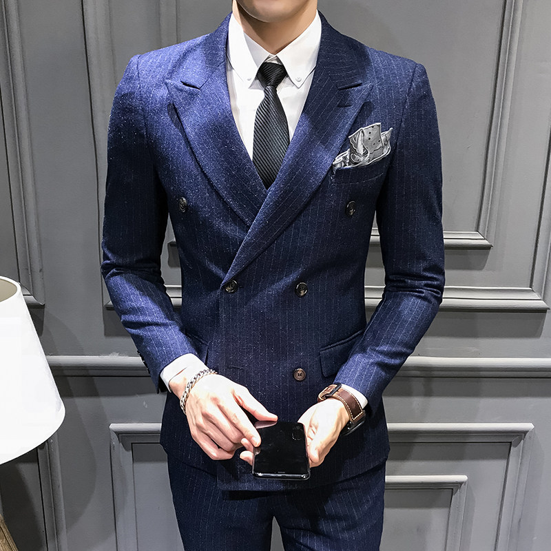 Western-style suit Men's Inn's body business Zhengdress Spring and autumn handsome gas striped suit Three sets of groom wedding gown 
